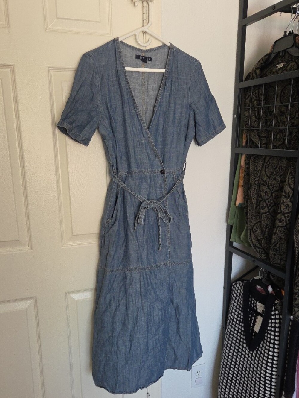 Level 99 Denim-Look Wrap Midi Dress in Blue Large